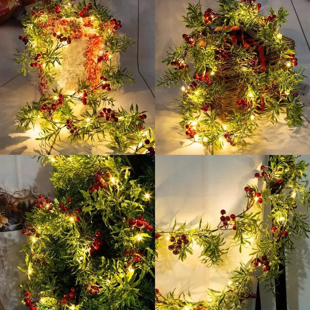 Elegant Christmas Decoration: 2 Pack of 5.9FT Snowy Berry Garland String Lights
